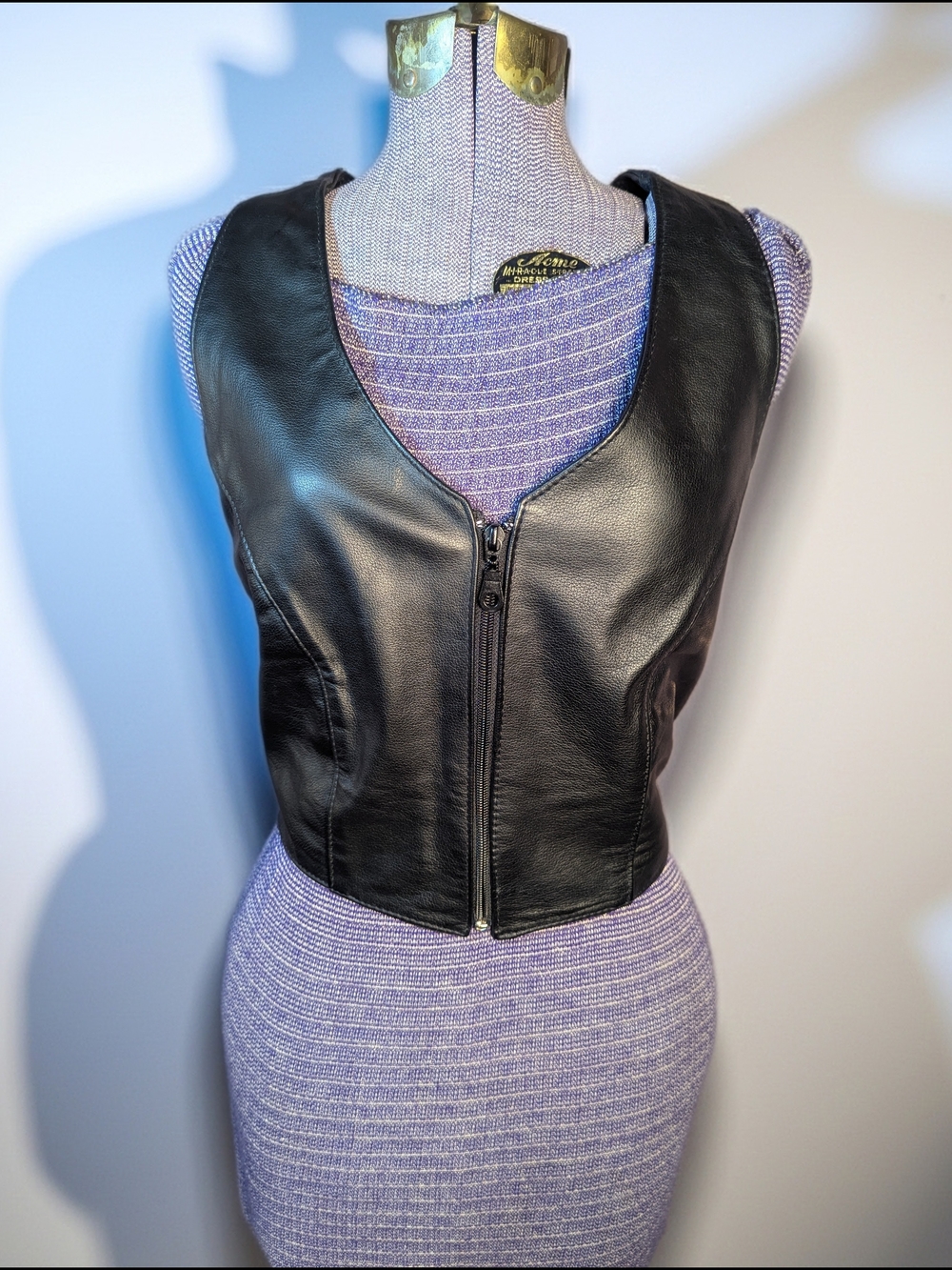 Vintage Black Leather Zipper Front Vest Corset Back XS